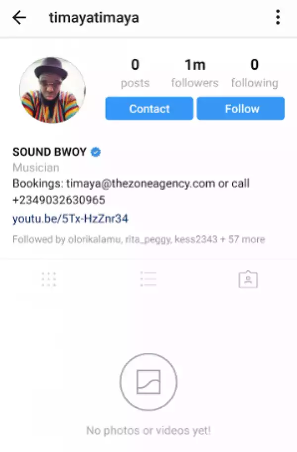 Timaya deletes all Instagram posts and photos